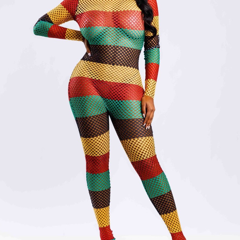 CHARMING BUNNY FISH NET COLOR BLOCK JUMPSUIT